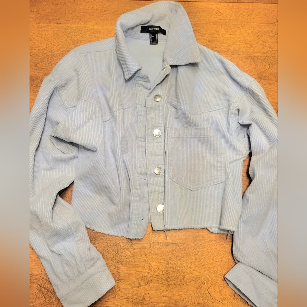 Forever 21 Oversized Cropped Light Blue Corduroy Jean Jacket